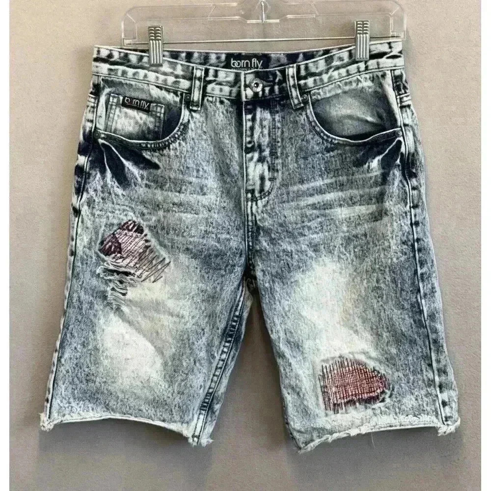 Born‎ Fly Jean Shorts Boy's Sz 18 Blue Urban Skate Patriotic Distressed Denim